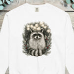 Raccoon peering out from inside a pine wreath strung with small lights