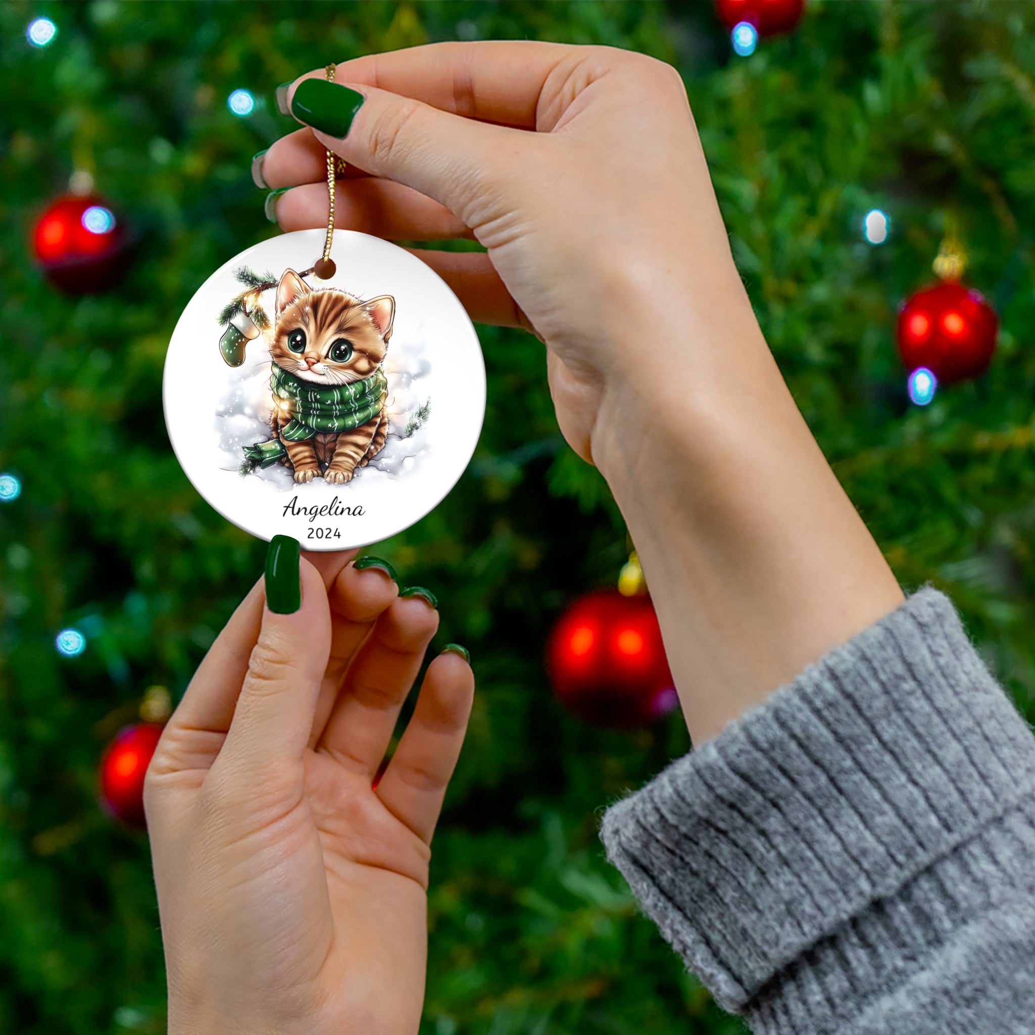 Personalized Kitten in a Green Scarf Ornament