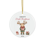 Personalized Cute Moose Character Holding a Gift Ornament