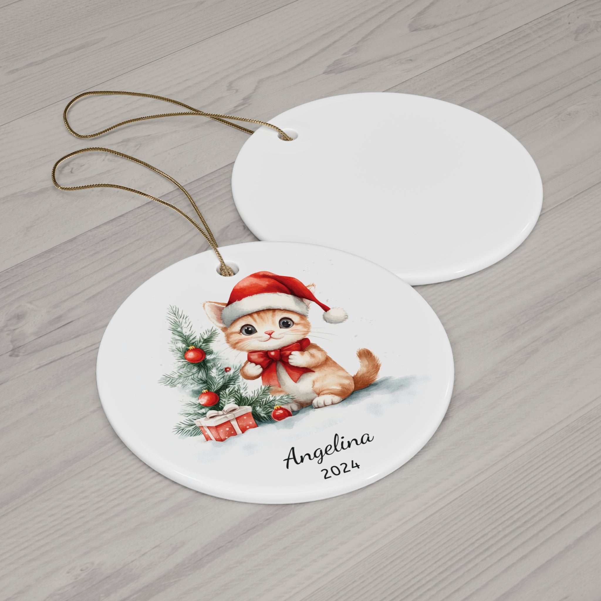 Personalized Festive Kitten and Tree Keepsake Ornament