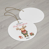 Personalized Cute Moose Character Holding a Gift Ornament