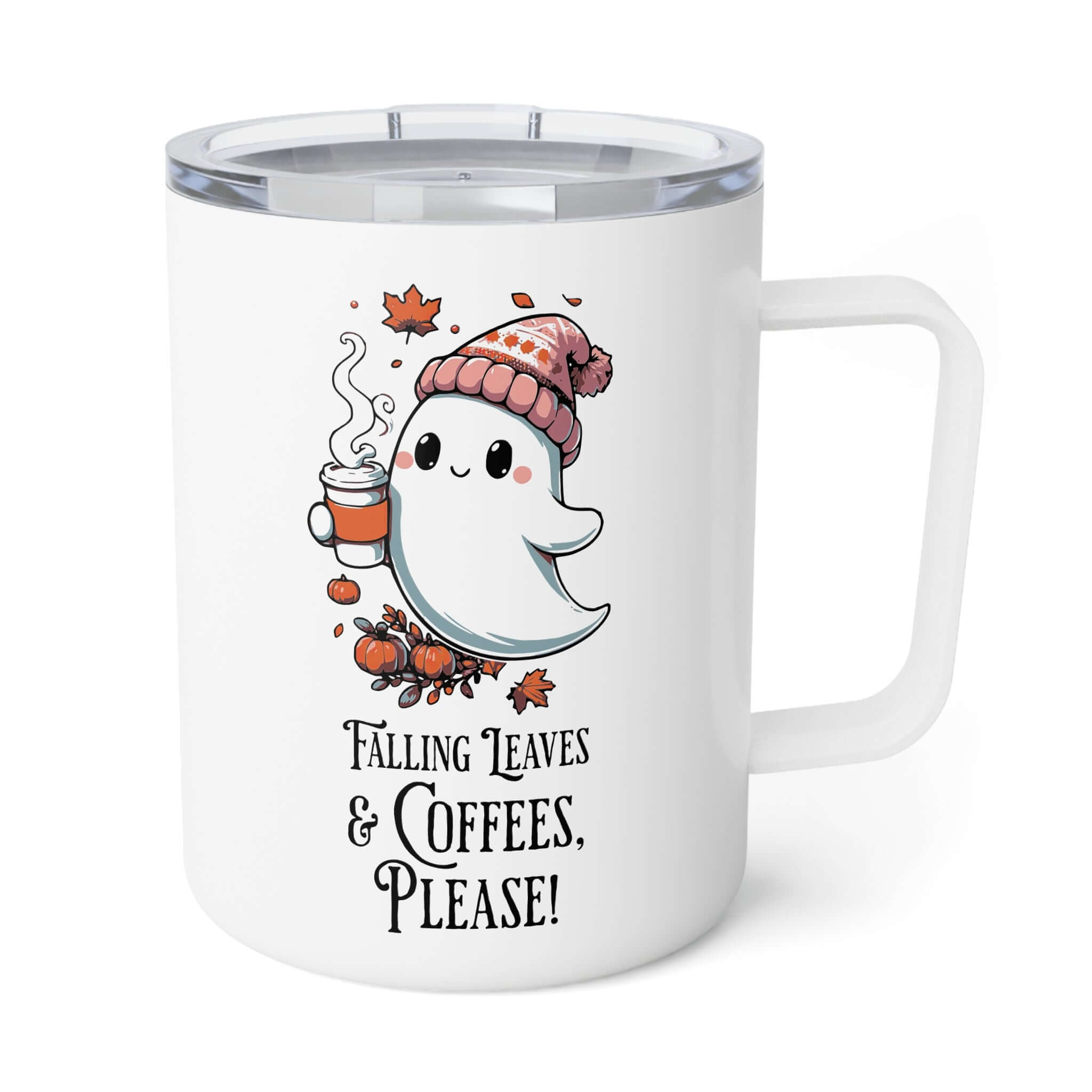 Cute Ghost Fall Autumn Insulated Coffee Mug With Lid, 10oz