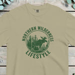 Circular badge with a moose in pine woods, reading NORTHERN WILDERNESS and LIFESTYLE