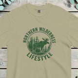 Circular badge with a moose in pine woods, reading NORTHERN WILDERNESS and LIFESTYLE