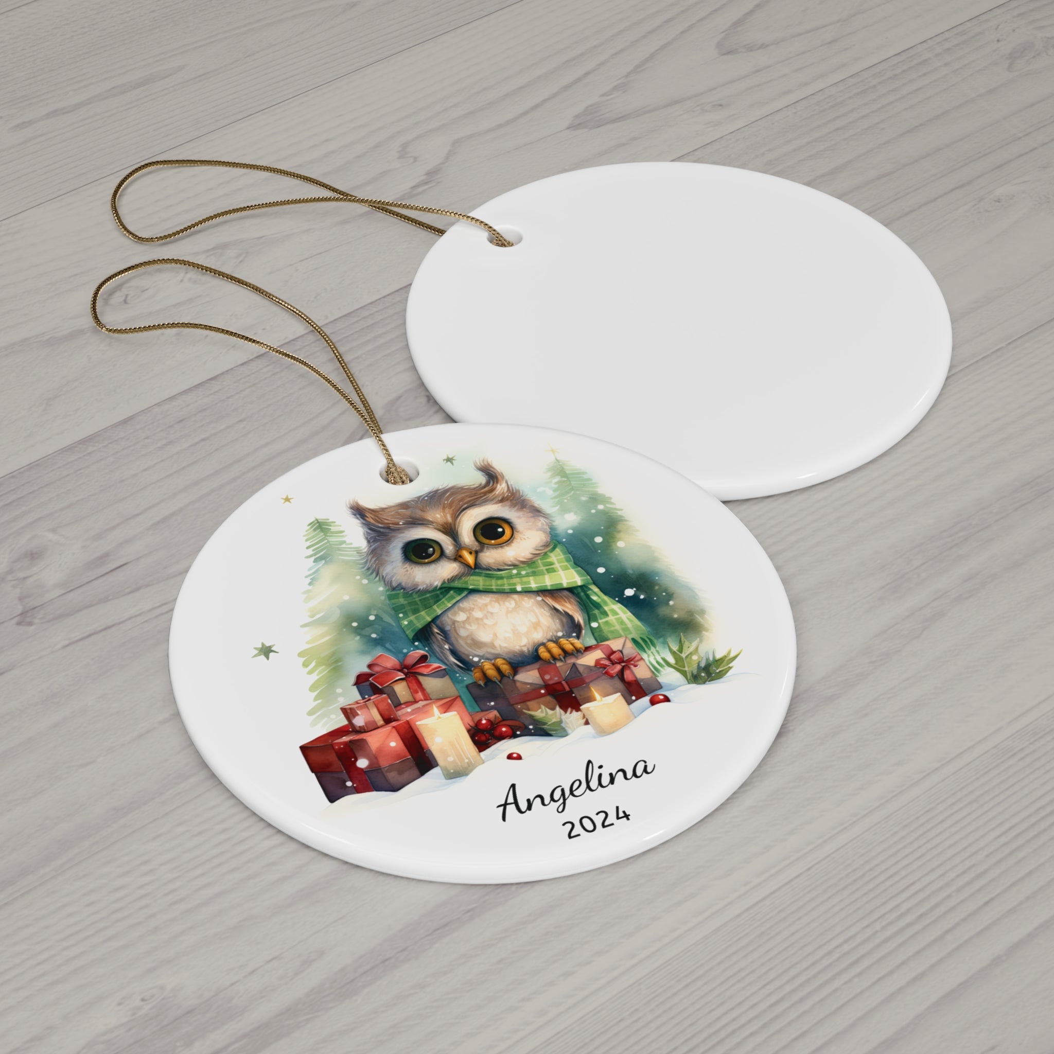 Personalized Owl with Green Scarf Holiday Ornament