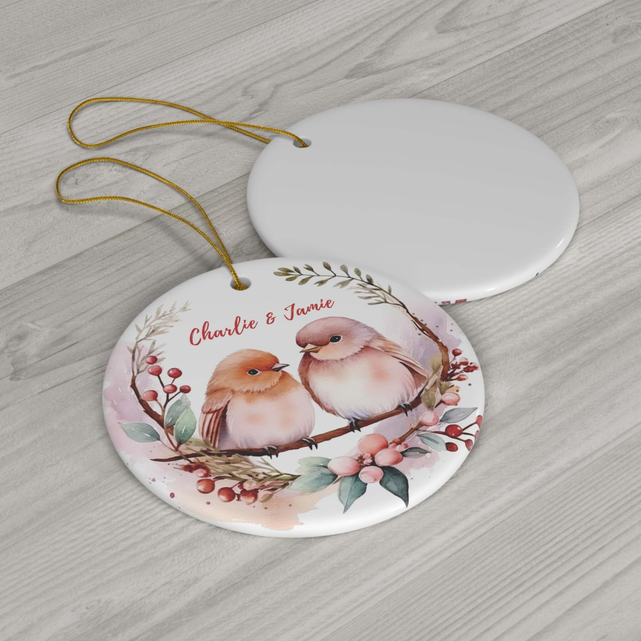 Personalized Cute Birds & Flowers Floral Ornament