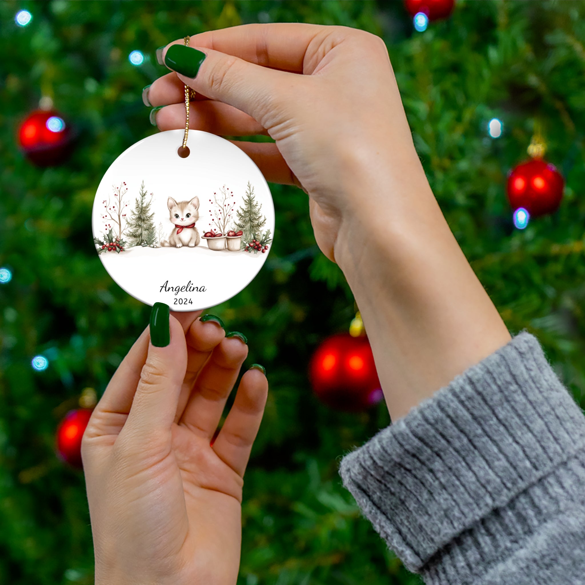 Personalized Kitten in Christmas Forest Ornament