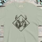 Stag head between two pine trees inside a diamond frame, antlers crossing the border
