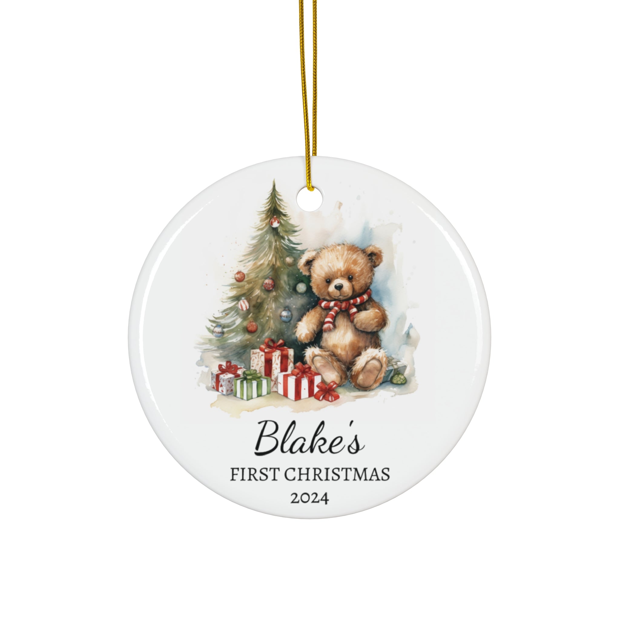 Personalized Teddy Bear with Striped Scarf Ornament