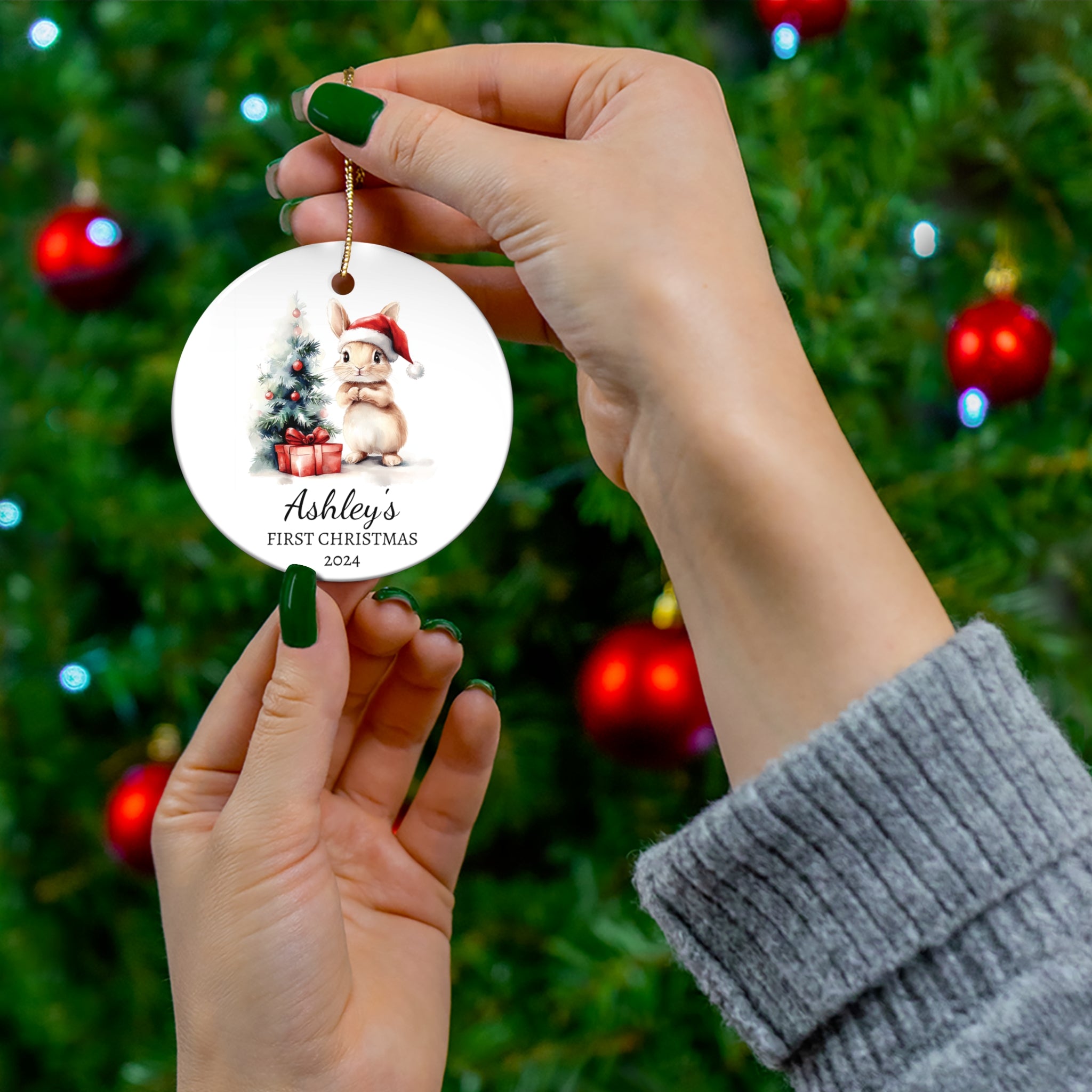 Personalized Adorable Bunny with Red Gift Ornament