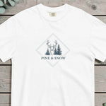 Deer and winter forest design on a White garment-dyed cotton t-shirt