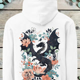 Large back print of a dark dragon curled among pink and blue flowers