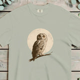 Owl and full moon design on a Bay garment-dyed cotton t-shirt