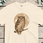 Great horned owl and moon design on an Ivory garment-dyed cotton t-shirt