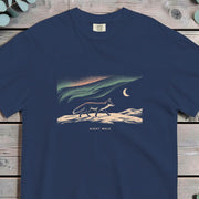 Fox walking a snowy ridge beneath green and coral northern lights and a crescent moon