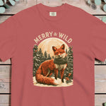 Red fox in a snowy pine forest wearing a scarf beneath a full moon with holly berries