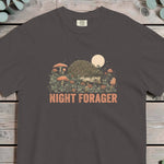 Hedgehog foraging among amanita and morel mushrooms and clover beneath a full moon