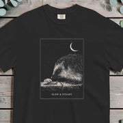 Hedgehog lowering its nose toward a small snail on a mossy log under a crescent moon