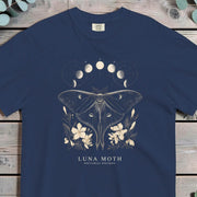 Luna moth with wings spread among wildflowers below moon phases, with annotation lines
