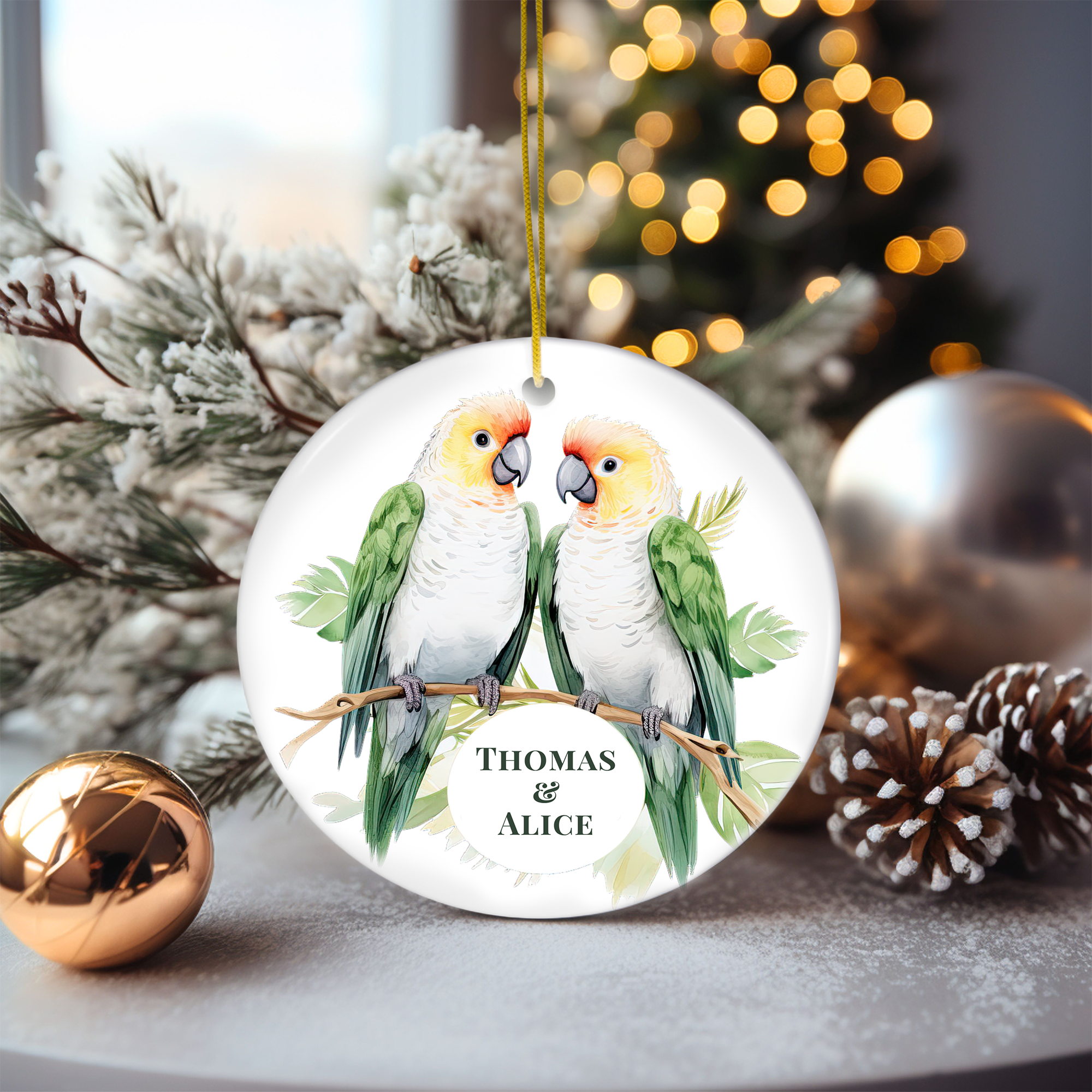 Personalized Green, White & Yellow Parrot Birds Ornament