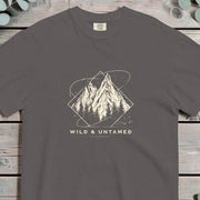 Snow-capped mountain peaks in a diamond frame encircled by orbital rings and stars