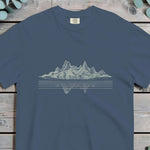 Jagged mountain range in vertical hatching mirrored in still water below a waterline