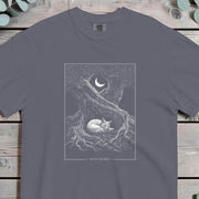 Fox curled asleep in the hollow of an ancient gnarled tree beneath a crescent moon