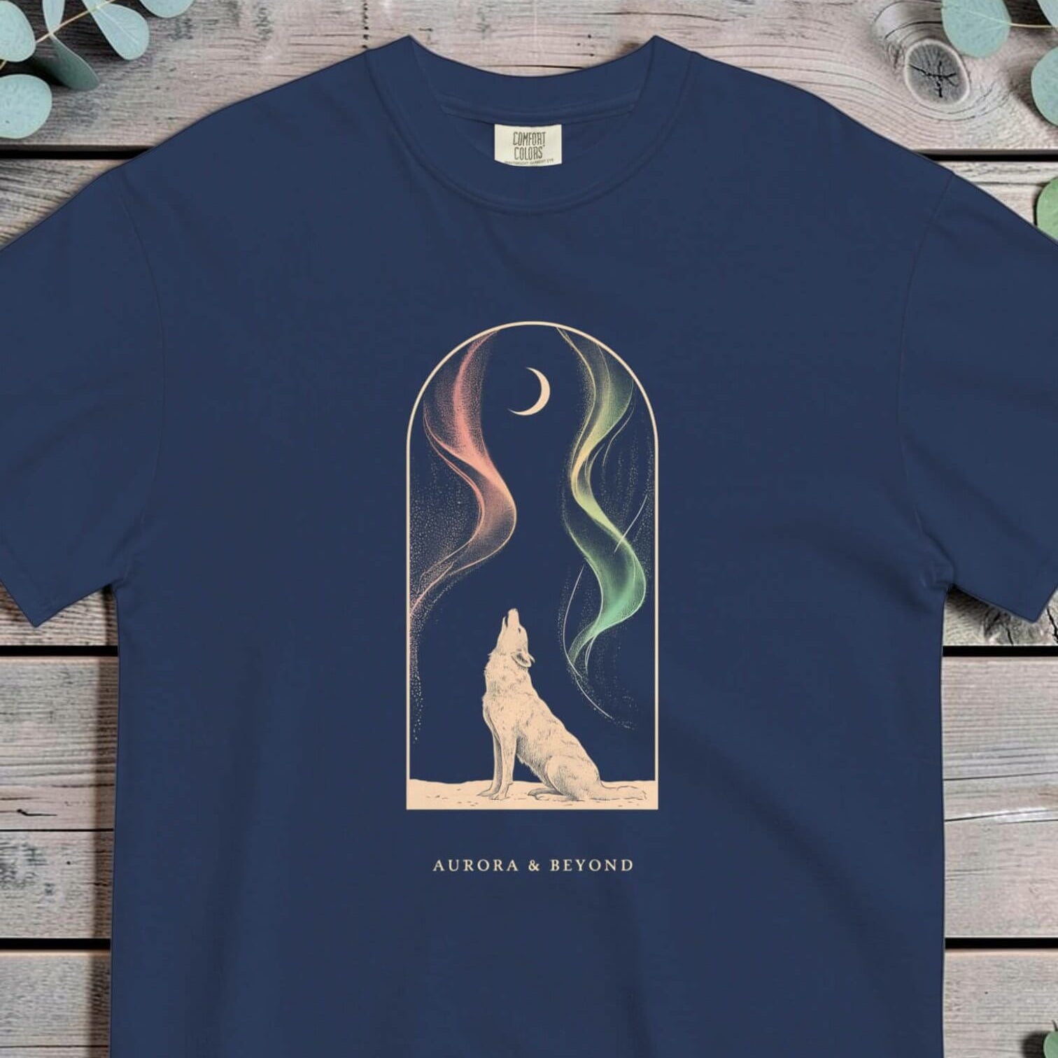 Wolf howling inside an arched frame with pink and green aurora ribbons either side
