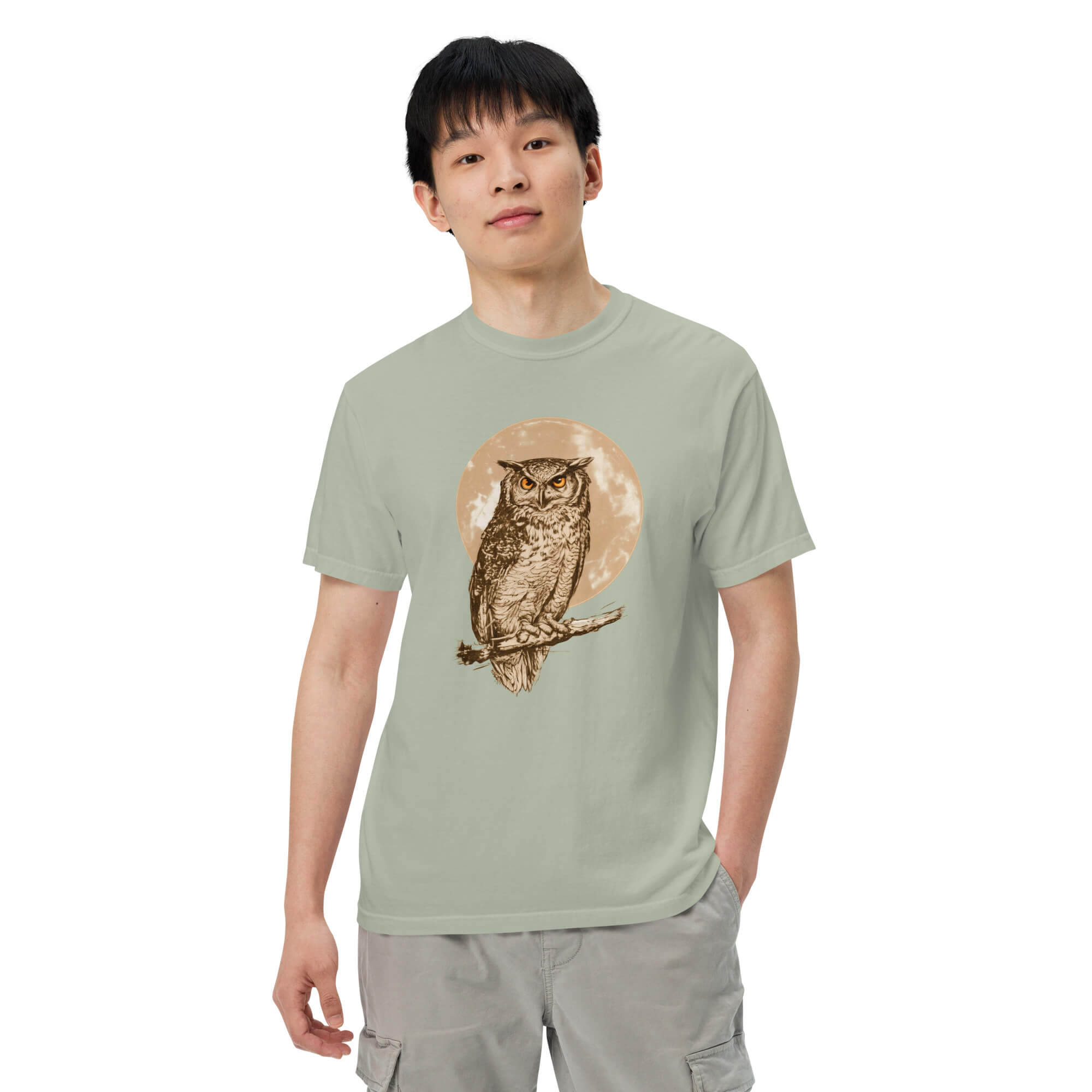Great horned owl and moon design on a Bay garment-dyed cotton t-shirt