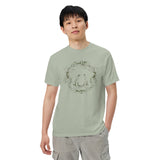 Frog in a holly wreath design on a Bay garment-dyed cotton t-shirt