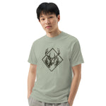 Stag and pines diamond emblem design on a Bay garment-dyed cotton t-shirt