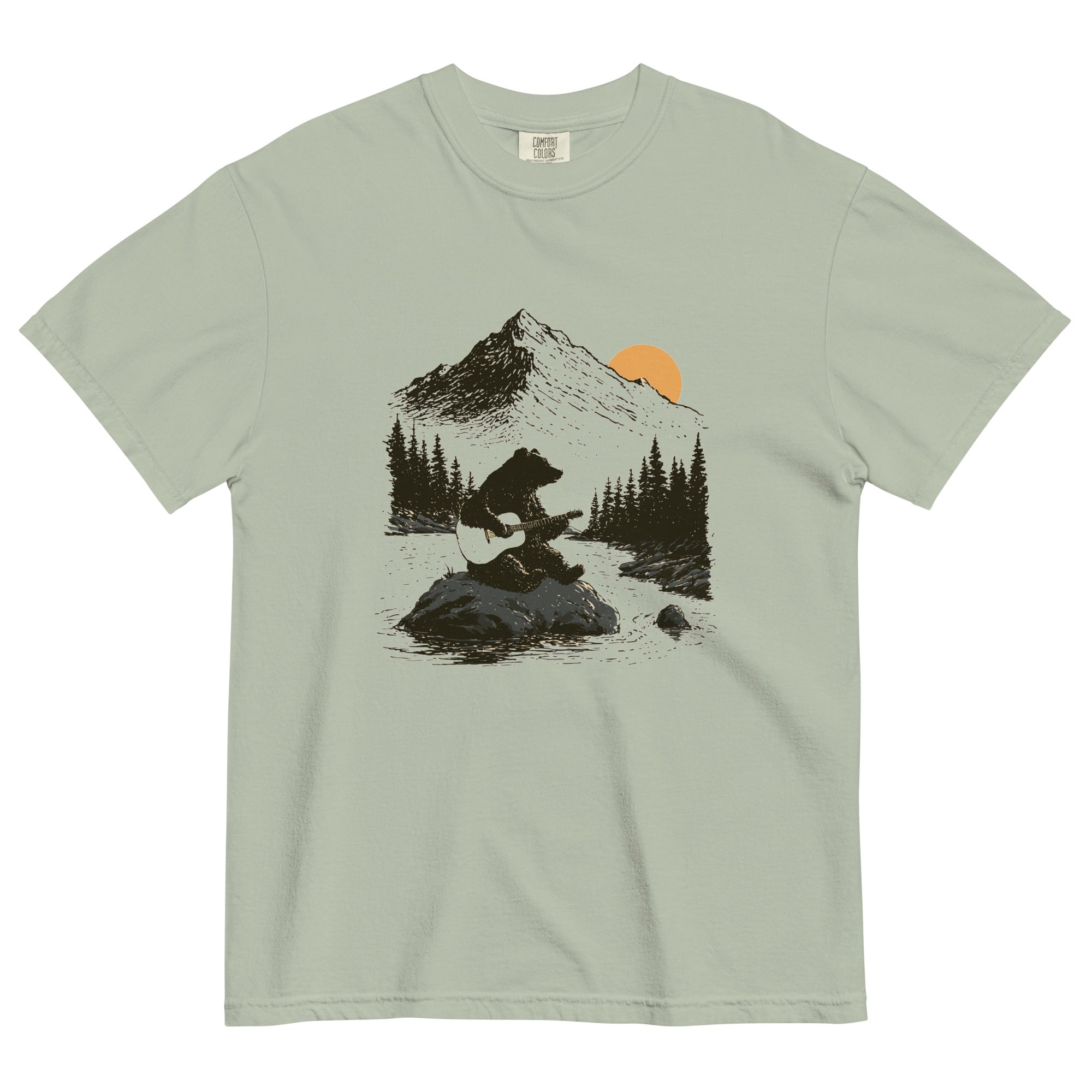 Bear playing guitar design on a Bay garment-dyed cotton t-shirt