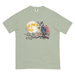 Great horned owl and autumn moon design on a Bay garment-dyed cotton t-shirt