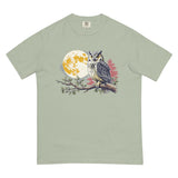 Great horned owl and autumn moon design on a Bay garment-dyed cotton t-shirt