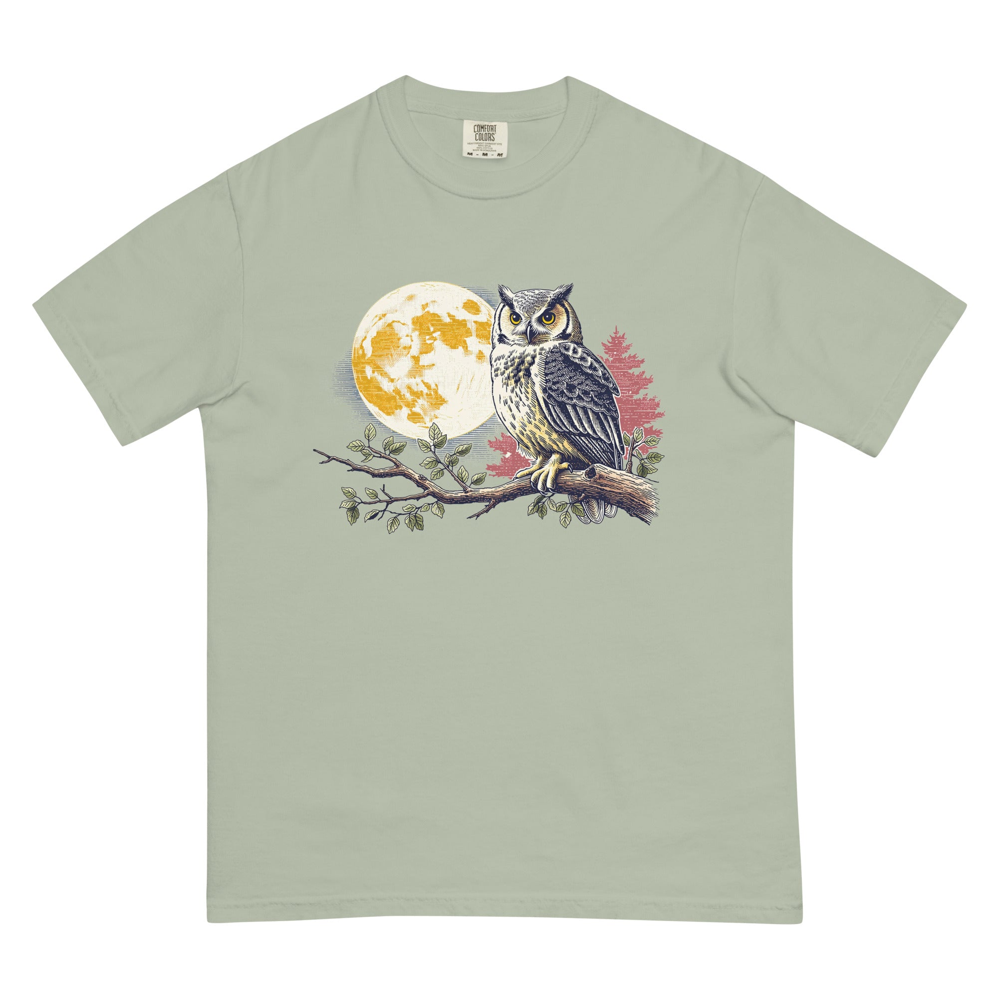 Great horned owl and autumn moon design on a Bay garment-dyed cotton t-shirt