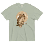 Great horned owl and moon design on a Bay garment-dyed cotton t-shirt