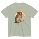 Great horned owl and moon design on a Bay garment-dyed cotton t-shirt
