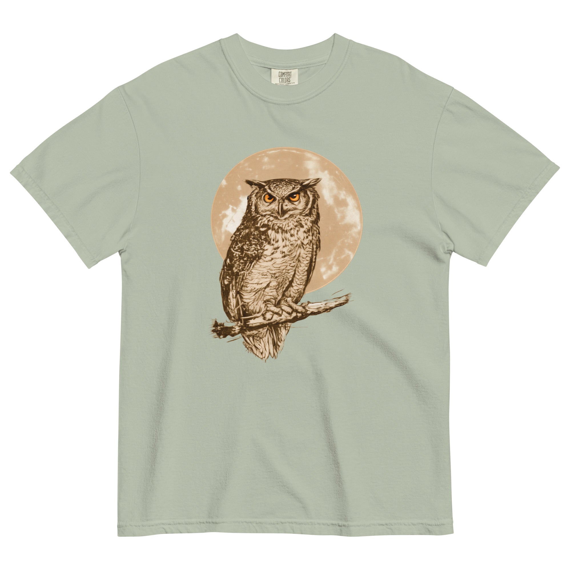 Great horned owl and moon design on a Bay garment-dyed cotton t-shirt