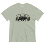 Bear and pine forest wilderness design on a Bay garment-dyed cotton t-shirt