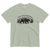 Bear and pine forest wilderness design on a Bay garment-dyed cotton t-shirt
