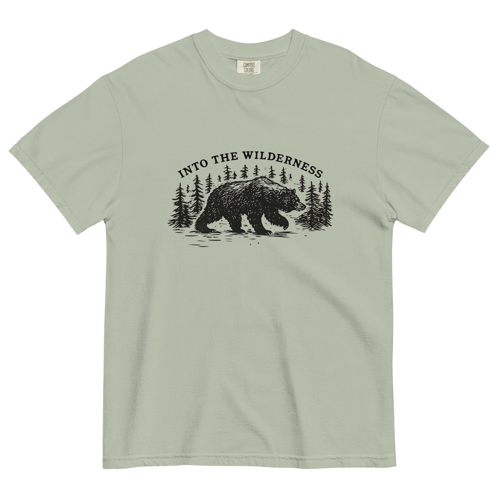 Bear and pine forest wilderness design on a Bay garment-dyed cotton t-shirt