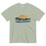 Wolf pack at sunset design on a Bay garment-dyed cotton t-shirt