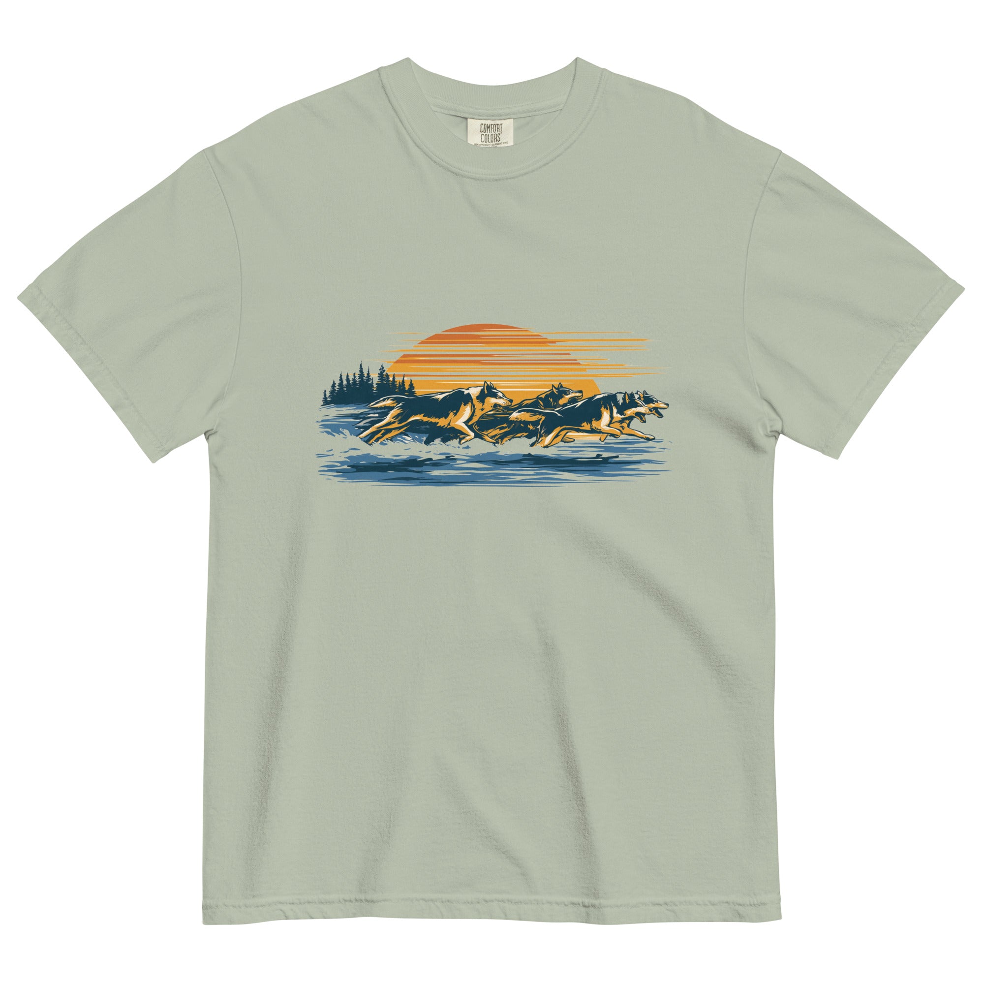 Wolf pack at sunset design on a Bay garment-dyed cotton t-shirt