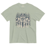 Three wolves in the snow design on a Bay garment-dyed cotton t-shirt