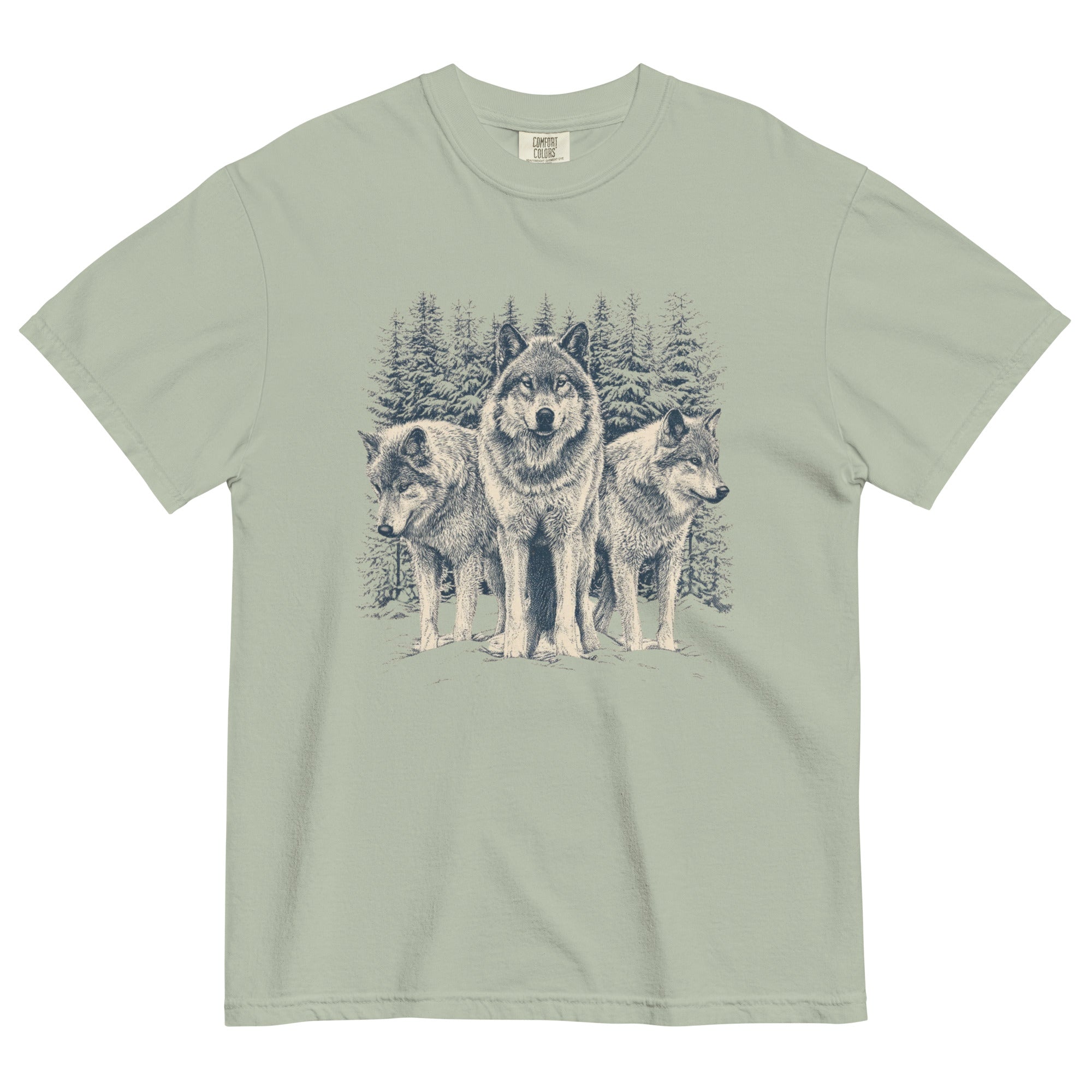 Three wolves in the snow design on a Bay garment-dyed cotton t-shirt