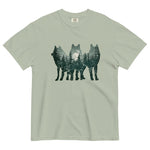 Wolf silhouettes and moonlit forest design on a Bay garment-dyed cotton t-shirt
