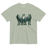 Wolf silhouettes and moonlit forest design on a Bay garment-dyed cotton t-shirt