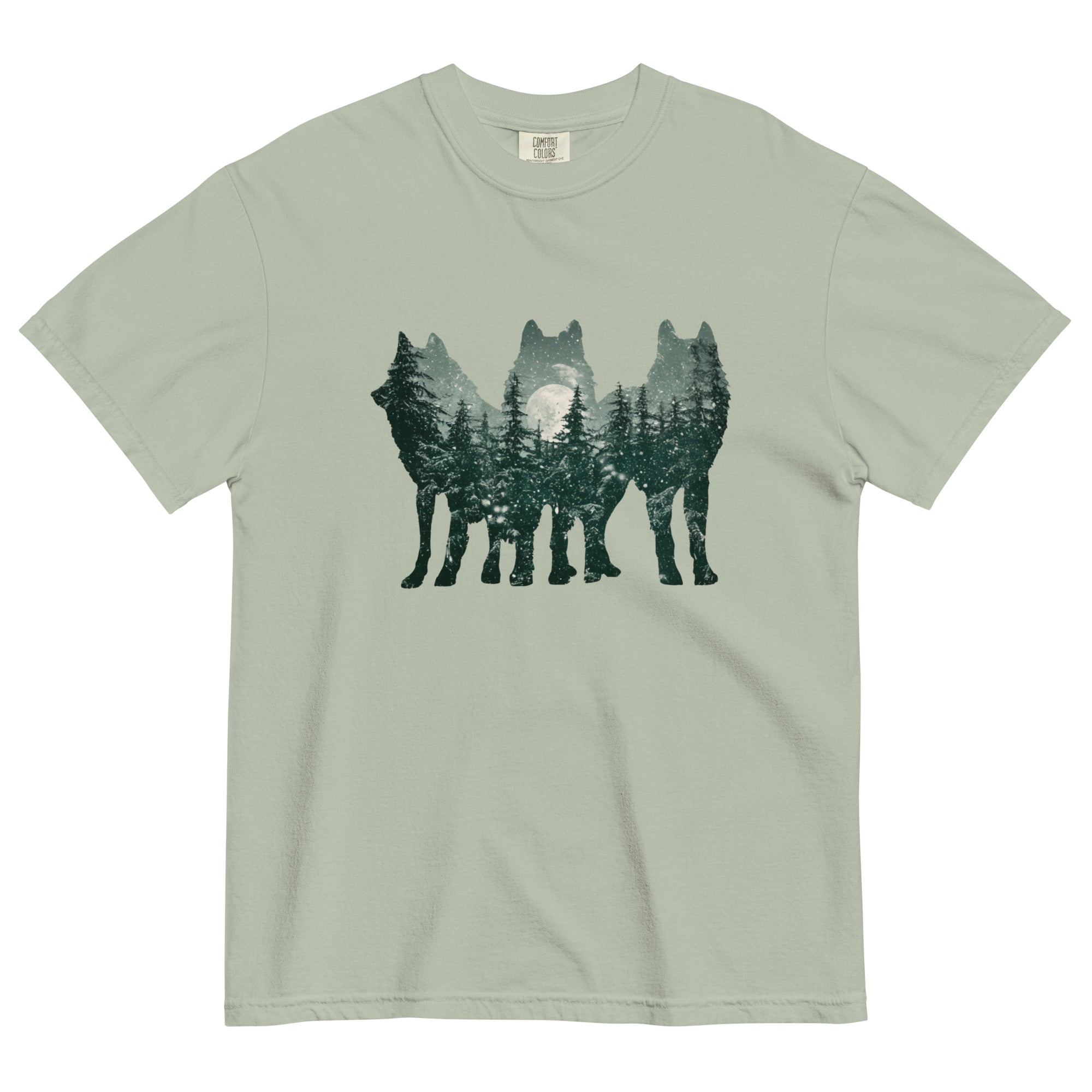Wolf silhouettes and moonlit forest design on a Bay garment-dyed cotton t-shirt