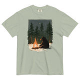 Black bear by a winter campfire design on a Bay garment-dyed cotton t-shirt