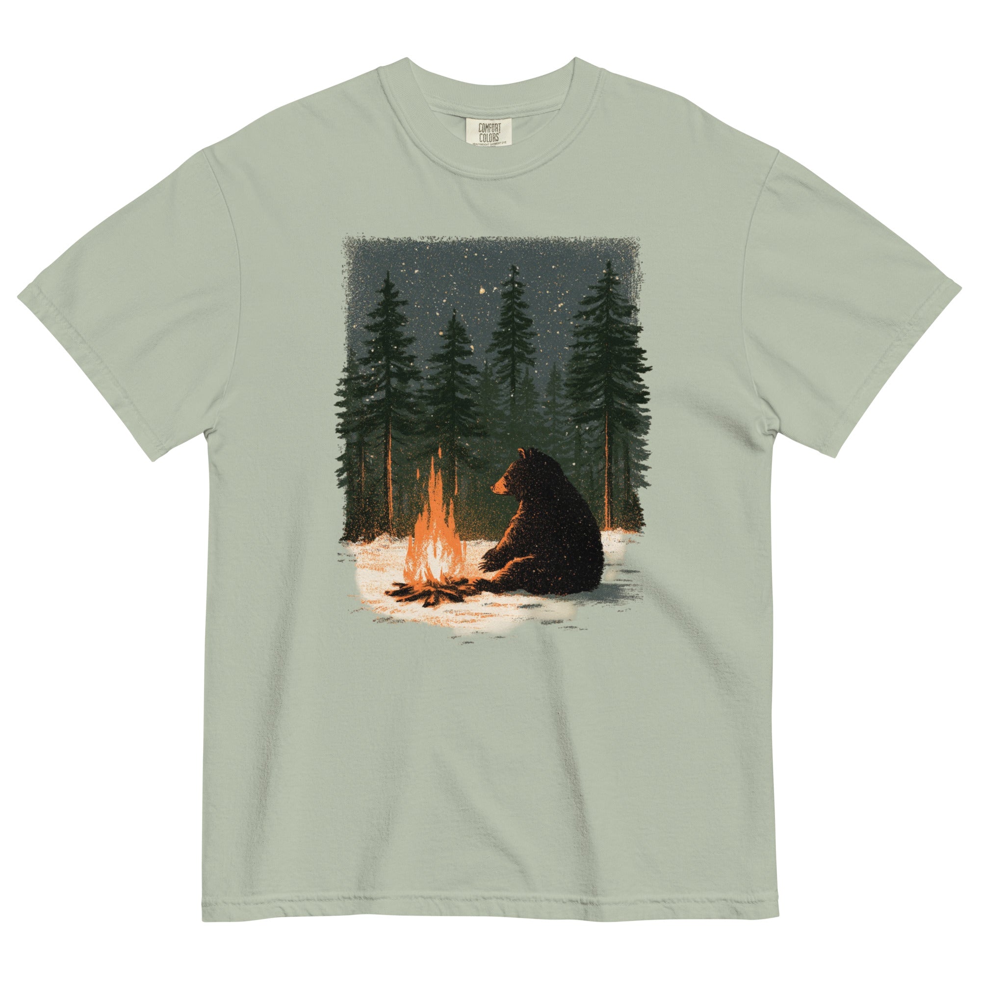 Black bear by a winter campfire design on a Bay garment-dyed cotton t-shirt